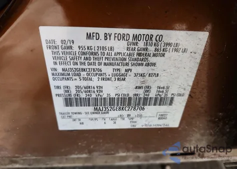 2019 Ford Ecosport Se из США, поврежденный, VIN MAJ3S2GE8KC278706